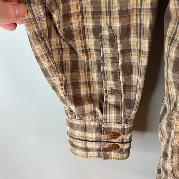 TIMBERLAND Mens Aged Washed Plaid Shirt Tan Brown Organic Cotton Long Sleeve XL - Picture 6 of 13